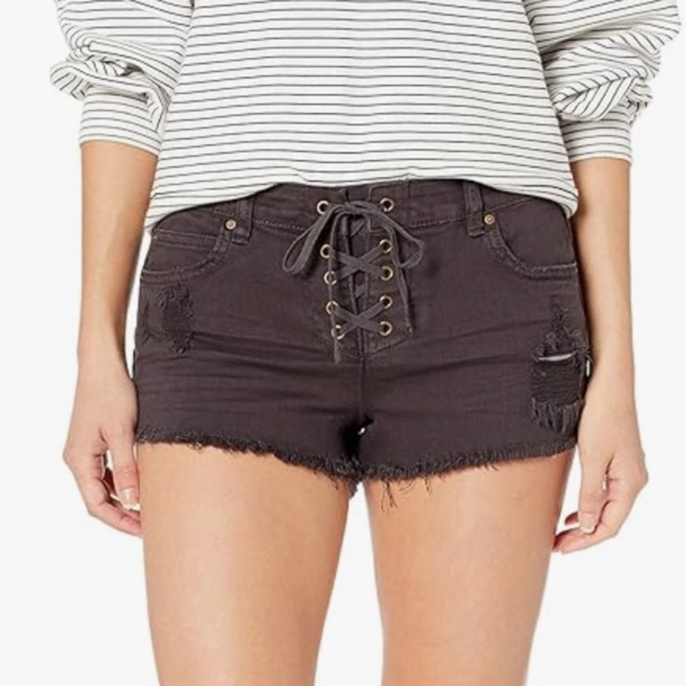 Billabong Black Jean Shorts with Distressed Lace-Up Design